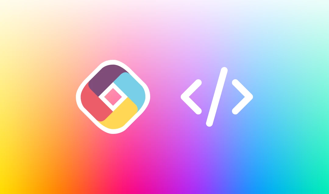 Fliplet logo and code brackets on a colorful gradient background for vibe coding.